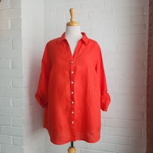 Sigrid Olsen Top Womens 1X Red 100% Linen Button Up Long Sleeve Lagenlook Rollup